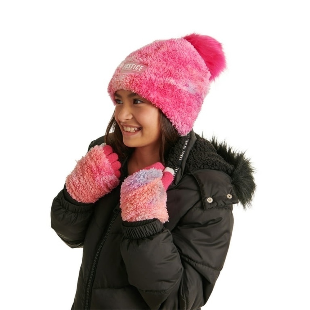 Justice Girls Beanie with Pom and Gloves, 2-Piece Cold Weather Set, One Size